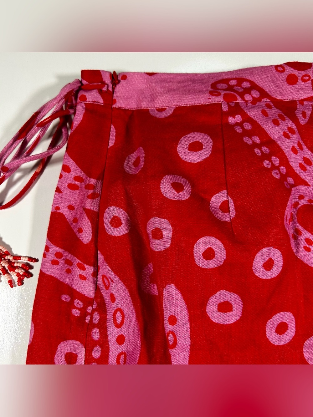 Farm Rio Octocool Linen Wrap Skirt Midi Red Pink Size S Beach Graphic Colorful - Picture 9 of 11